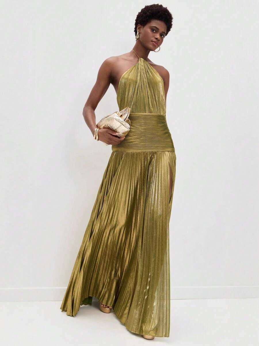 Vestido sin mangas plisado tono metalico con tirante alto y abertura para fiestas - Dorado - Ver 1