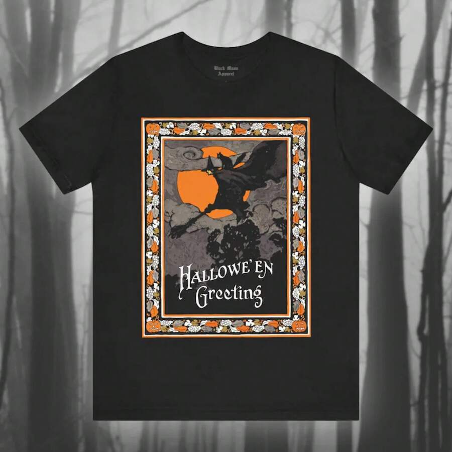 Camiseta vintage de Halloween, camiseta de bruja, camiseta vintage espeluznante, camiseta de brujería, camiseta gótica, camiseta espeluznante, camiseta de manga corta unisex festiva - Negro - Ver 1