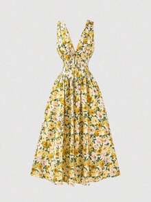 Amore Look For A Wedding Guest: Long Blue Dress With Floral Print, V-Neck, Sleeveless, High Waist And A-Line Silhouette, Perfect For Graduations, Parties, Summer Holidays Or An Elegant Afternoon Tea - 黃色 - 查看 8