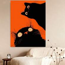 Framed Flat Black Cat Cartoon Canvas Painting on Orange Background, Art Decoration Print, Suitable for Living Room, Bedroom, Cafe, High-End Artwork, Graduation Gift, Wall Decor - Enmarcado - Ver 4