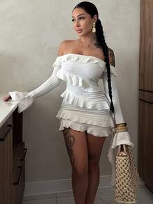 Vestido de Fiesta Sexy para Mujer - Hombros Descubiertos, Mangas Largas Acampanadas, Mini Ajustado y No Transparente para Salidas Nocturnas o Eventos Formales - Traje de Otoño para Fiestas y Cenas - Blanco - Ver 2
