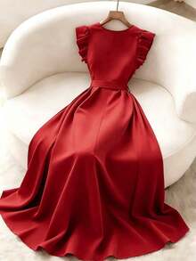 Elegante vestido azul pato de alta gama con cuello en V francés, cintura ceñida, mangas abullonadas con volantes, hebilla metálica, para /verano.Vestido elegante para damas, atuendo casual de oficina, vestido de verano de longitud media, vestido - Rojo - Ver 2