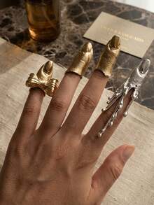 4 piezas Conjunto de anillos góticos y punk para mujeres - Armadura de dedos y anillos de puntas de estilo audaz | Diseños de gotas líquidas de plata fundida y lazos dorados | Joyería de moda ajustable y apilable | Regalo para cosplay, fiestas y eventos especiales - Multicolor - Ver 5