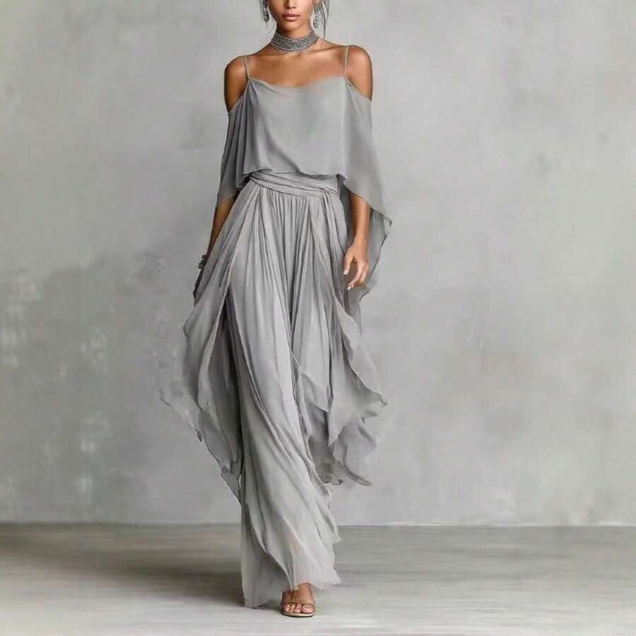 Conjunto para mujer de gasa gris nuevo, hombros descubiertos, tirantes y pantalones anchos, diseño irregular de moda - Gris - Ver 1