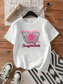 YOCASA Women's Casual Summer T-Shirt, Round Neck, Fitted Short Sleeve, With Oil Painting Print, Floral, Heart, Cherry And Letter Patterns. Simple Casual Fabric, Sporty Style, Ideal For Everyday Wear And Valentine's Day Dates. - 白色-YH437 - 查看 2
