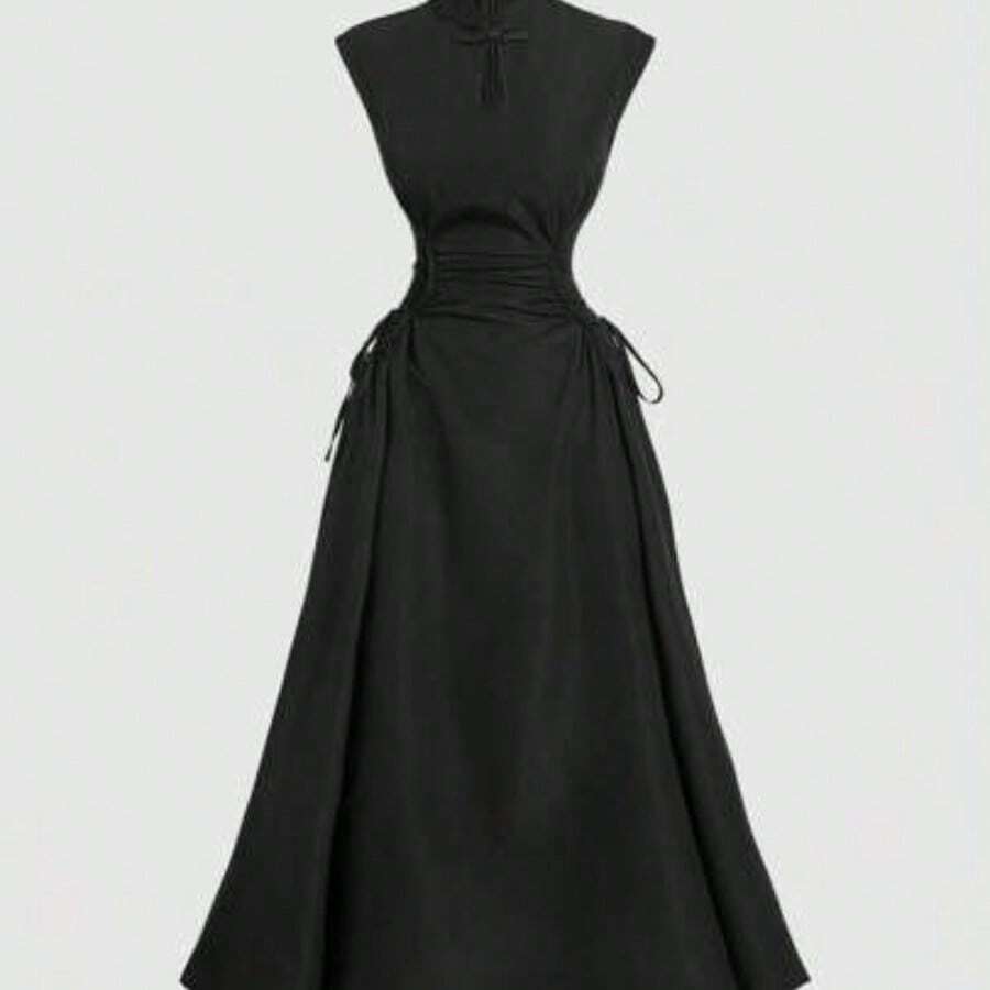 Nana's Women's Clothing Store MOD Vestido largo con cuello de cheongsam y corbata cruzada con falda maxi, estilo chino, para mujer, atuendo de brunch, ropa de bruja, novia cadáver - Negro - Ver 1