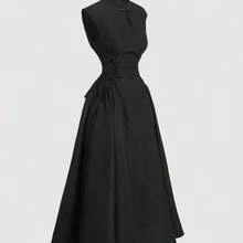 Nana's Women's Clothing Store  MOD Vestido largo con cuello de cheongsam y corbata cruzada con falda maxi, estilo chino, para mujer, atuendo de brunch, ropa de bruja, novia cadáver - Negro - Ver 3