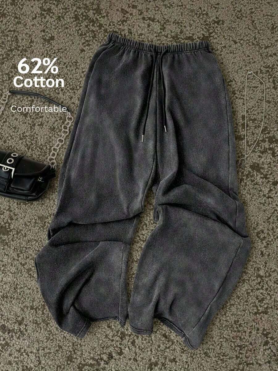 Pantalones de chándal de pierna recta y cintura baja para mujer, apropiados para el verano, con efecto lavado - Negro 7 - Ver 1
