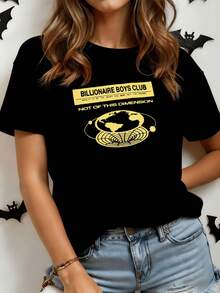 Gráfico que muestra un mapa del mundo rodeado por órbitas y líneas cósmicas evocando la conexión universal y la energía de otras dimensiones camiseta de mujer moderna casual cómoda para uso diario - Negro - Ver 1