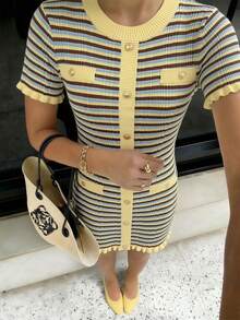 Women's New Spring/Summer Elegant Striped Contrast Color Metal Button Dress, Graceful Ruffle Hem Yellow Striped, Front Button Design, Suitable For Commuting, Daily Dates And Photo Shoots. - Multicolor - View 5