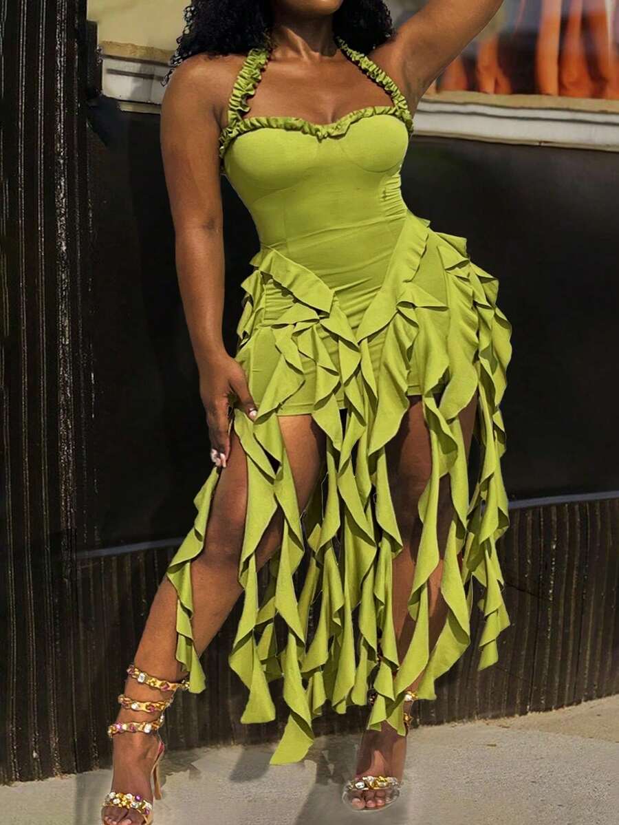 Plus Size Green Strapless Ruffle Asymmetrical Long Dress For Women Chic Party & Night Club Wear - Green - View 1