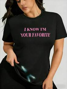 Camiseta de mujer de algodón manga corta casual estampado I know I'm your favorite para verano - Negro - Ver 6
