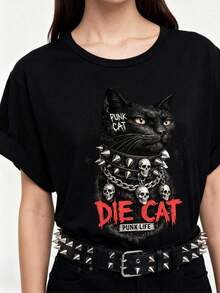 1 pieza de camisa blanca para mujer con estampado de calaveras, cuello redondo, corte regular, estilo casual streetwear, calaveras, rock punk. 180g 100% algodón. - Blanco - Ver 2