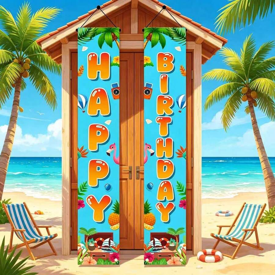 2 piezas Pancartas de felicitación con tema de cumpleaños tropical, cortinas de fibra de poliéster con impresión de alta definición con elementos de playa, plantas verdes, piña sobre fondo azul, decoración colgante "Feliz Cumpleaños" para patio exterior, barbacoa, fiesta de cumpleaños infantil, celebración de cumpleaños en la playa de verano, fiesta en la piscina - A - Ver 1