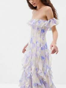 Vestido playa elegante tirantes gasa volantes estilo francés fluido para vacaciones marinas - Azul - Ver 4