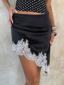 Falda asimétrica de satén y encaje con estampado de lunares - Blanco y Negro - Ver 5