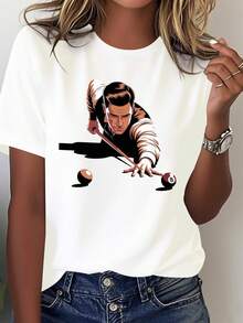 Women's Vintage Billiards Themed T-Shirt - Casual Style, Printed With A Precision Shooting Art Design, Suitable For All Seasons, Ideal For Billiards Events And Everyday Wear. - 白色 - 查看 1