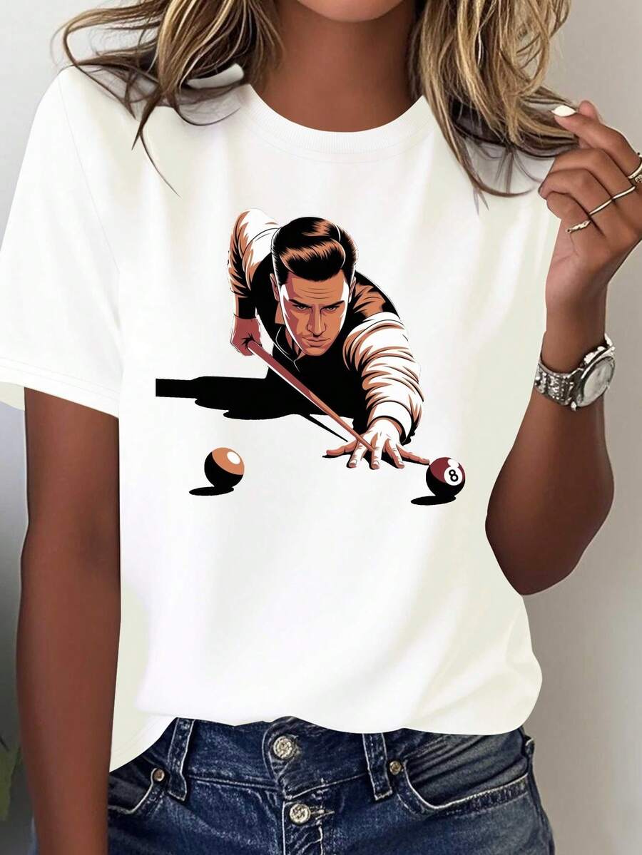 Women's Vintage Billiards Themed T-Shirt - Casual Style, Printed With A Precision Shooting Art Design, Suitable For All Seasons, Ideal For Billiards Events And Everyday Wear. - 白色 - 查看 1