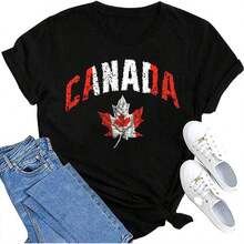 Women's Casual Cotton T-Shirt With Canadian Flag And Heart Print, Short Sleeve, Round Neck, Drop Shoulder, Cute Summer Garment With Slightly Stretchy Fabric - 黑色 2 - 查看 7