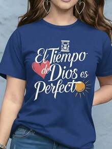 Women's Graphic Print T-Shirt Blouse, Casual Style, Love Print, Couples, Heart, February, Regular Fit, Soft Material, Crew Neck, Short Sleeves, Everyday Wear, Day Or Night, Street Style, Home, Comfortable, Cool, Lightweight, Modern, Youthful, Urban Aesthetic, Spring, Summer, Beach, Heat, Y2K, Feminine, Religious Phrase, God's Timing Is Perfect, Christian Lettering, Heart - 皇家藍配白色 - 查看 4