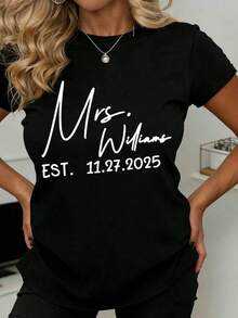 Mrs Williams Est 11 27 T-Shirt, Wedding T-Shirt, Bride-To-Be, Bridal Shower Gift, Personalized Name, Anniversary Celebration, Casual Women's Top - 黑色 - 查看 7