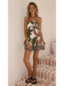 Women Tropical Leaf Print Strapless 2 Piece Co-Ord Set, Pocket Tube Top & Elastic Waist Shorts, Viral Summer Beach Resort Limited Outfit - 花色 - 查看 4