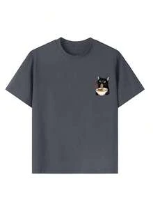 Camiseta de cuello redondo con estampado divertido de gato para niña preadolescente, top de verano - Gris Oscuro - Ver 8