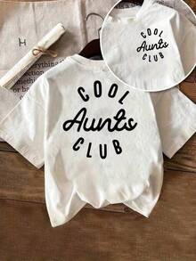 Camiseta de manga corta para mujer con estampado "Cool Aunt's Club" en los paneles frontal y trasero, camiseta casual blanca de cuello redondo, mezcla de poliéster elástico, lavable a máquina, adecuada para primavera/verano/otoño. - Negro - Ver 1