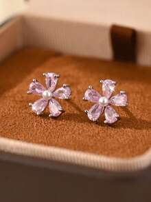 1 Pair 925 Sterling Silver Mini Flower Zirconia Delicate Stud Earrings For Women - Flowers - View 2