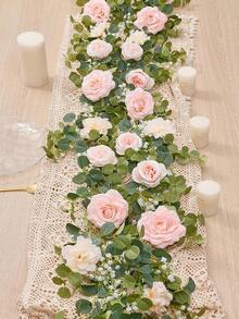 1pc 5.9FT Artificial Eucalyptus Vine Fake Rose Flowers Gypsophila Garland For Wedding Home Party Craft Art Table Runner Decor - Pink - 查看 9