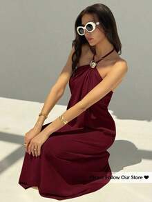MEXAloruh Nuevo vestido largo con cuello halter, plisado, sin espalda, con decoración de bolas metálicas, talla grande, silueta favorecedora en color champánMEX RPH4 - Burdeos - Ver 7