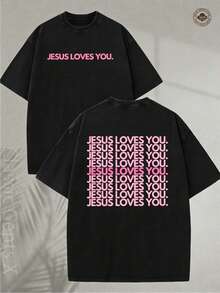 T-Shirt With Intense Washed Effect - T-Shirt With Religious Print "Jesus Loves You", Lettering In Pink, Green And Pink With Double-Sided Print - Christian Clothing, Unisex Crew Neck, Suitable For Church, Casual Wear, Ideal For Gifting - Soft Crew Neck And Machine Washable. - 黑色 - 查看 7