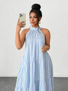 Vestido casual de fiesta con espalda descubierta y volantes a rayas para mujer - Azul y blanco - Ver 7
