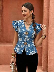 Elenzya Women's Elegant Cardigan With Solid Color Metal Buckle Decoration And Puff Sleeves, Refined Women's Blouse - 藍色 - 查看 3