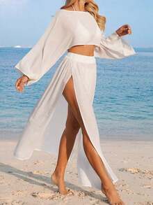 Nevyona Conjunto de dos piezas de cubrecuerpo casual de manga larga y abertura para mujer, color blanco - Celeste - Ver 11