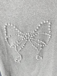 Camiseta casual de mujer con cuello redondo, manga corta y decoración de lazo de perlas falsas - Gris Claro - Ver 4