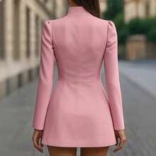 Vestido Mujer Cuello Alto Botones Simples Color Sólido Ajustado Elegante Nueva Temporada Otoño - Rosa - Ver 2