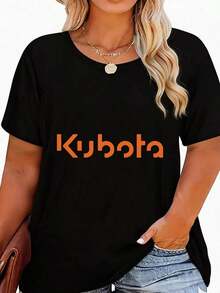 Camiseta de Mujer con Logotipo Gráfico Naranja de Kubota Tractor, Top Casual de Algodón de Manga Corta, Camiseta de Moda de Temporada con Cuello Redondo, Camiseta Minimalista con Estampado de Anime/Slogan/Banda, Tejido Cómodo de Elasticidad Media, Lavable a Máquina - Versátil para Uso Diario, Deportivo o Ocasiones Especiales. - Negro - Ver 1