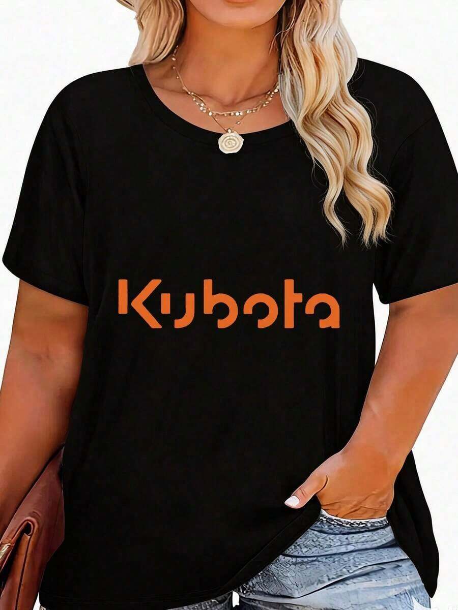 Camiseta de Mujer con Logotipo Gráfico Naranja de Kubota Tractor, Top Casual de Algodón de Manga Corta, Camiseta de Moda de Temporada con Cuello Redondo, Camiseta Minimalista con Estampado de Anime/Slogan/Banda, Tejido Cómodo de Elasticidad Media, Lavable a Máquina - Versátil para Uso Diario, Deportivo o Ocasiones Especiales. - Negro - Ver 1