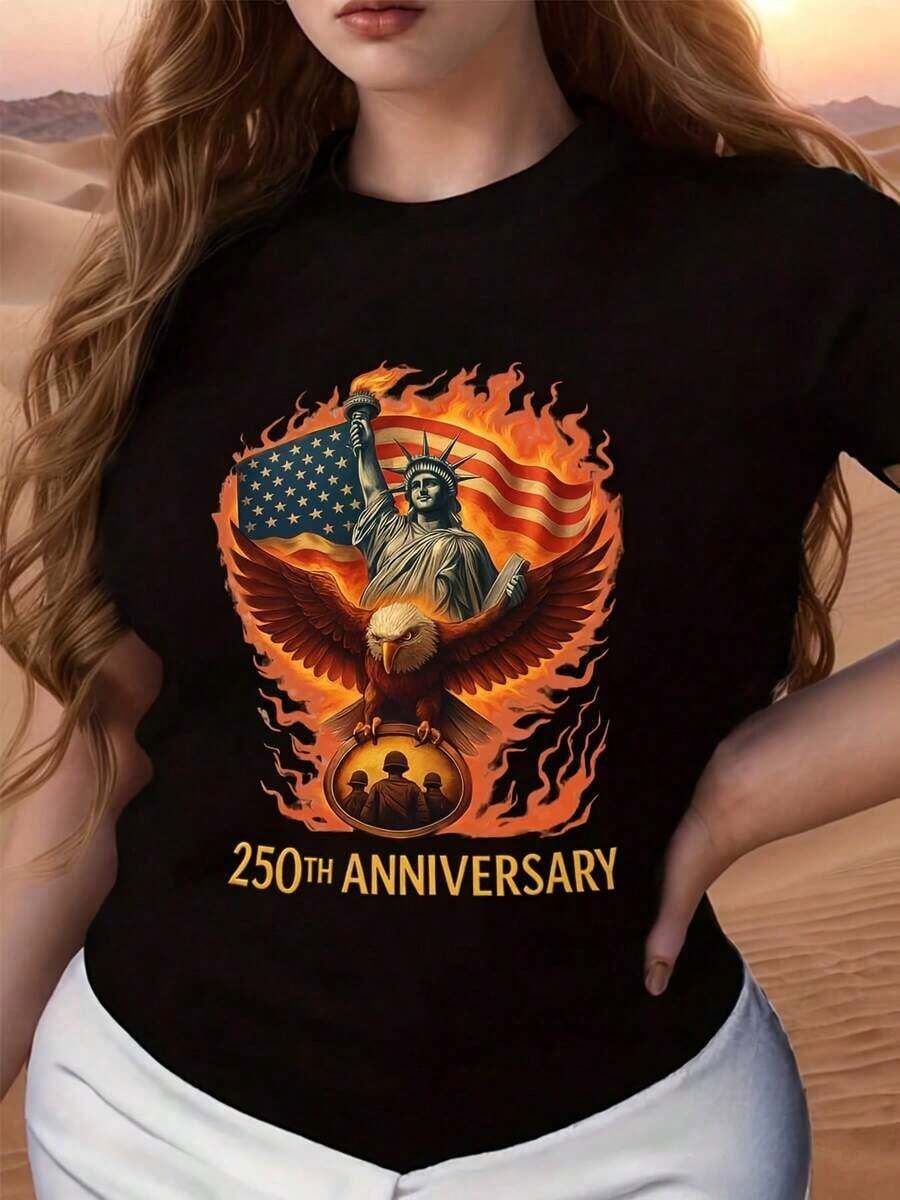Camiseta con diseño de la Estatua de la Libertad y la Bandera Americana con un Águila en Llamas, Texto del 250º Aniversario Impreso en la Parte Delantera, Adecuada para Uso Casual, Eventos Patrióticos y Celebraciones, Camisetas para Mujer, Camisetas de Cuello Redondo, Camisetas del 250º Aniversario de los Estados Unidos, Camisetas del Día de la Independencia, Camisetas de Equipo, Camisetas con Estampado Gráfico, Tela de Algodón Puro de Baja Elasticidad, Cómoda de Usar, Camisetas de Manga Corta, Camisetas Casuales para Uso Diario al Aire Libre, La Mejor Opción para Regalos (Tallas S-5XL). Camiseta Algodón - Negro - Ver 1