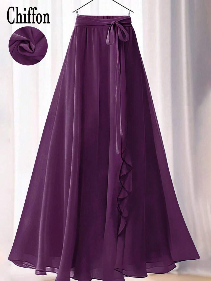 Rok Maxi A-Line Wanita Warna Polos Elegan dengan Hiasan Renda Bunga/Ruffle dan Tali Pinggang untuk Musim Panas - Purple - View 1