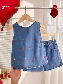 Conjunto de top sin mangas con bordado de cerezas y shorts vaqueros casuales para mujer, de verano - Lavado ligero 2 - Ver 4