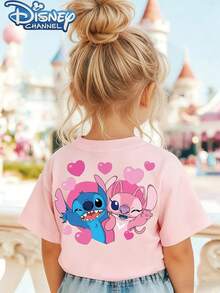 Disney's *Lilo & Stitch* Girls' T-Shirt - Double-Sided Print (Stitch & Angel), Featuring A Cute Pink Heart Pattern; Girls' Casual Pure Cotton Short-Sleeve Top. - 粉色 - 查看 3