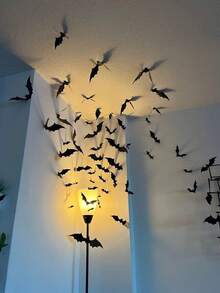 96pcs/48pcs 3D Halloween Bat Wall Decor, Multi-Size Black Realistic Plastic Bat Stickers; Suitable For DIY Halloween Room Decoration, Walls, Windows, Doors And Party Decor, Perfect For Creating Scary Halloween Party Atmosphere, Suitable For Halloween And Christmas - Multicolor - View 5