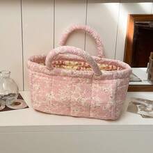 Vintage Floral Quilted Small Storage Tote, Pastoral Floral Collection Makeup Bag/Pencil Pouch, 4 Colors Available, Sold Separately (Not A Set), Portable Organizer For Travel/Bedroom/College Dorm - 查看 3