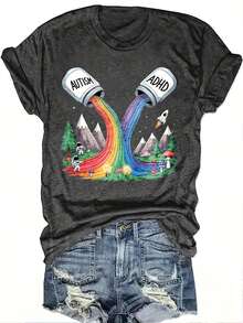 Camiseta casual de verano para mujer, para deportes y ocio, top de manga corta para mujer 2026, camiseta casual de moda con cuello redondo, estilo versátil y nuevo, con un creativo diseño de ilustración de arcoíris para autismo y TDAH, un regalo para familiares y amigos. - Albaricoque - Ver 7
