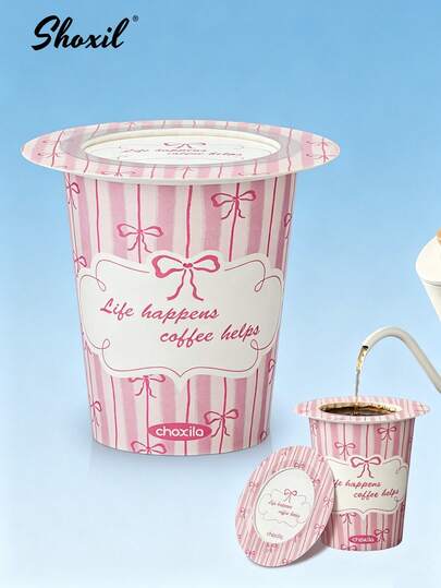 shoxil Juego de café con lazo rosa, vasos de papel desechables de moda y filtros de café en forma de platillo volante, juego completo para preparar café de goteo, adecuado para el hogar, viajes y regalos