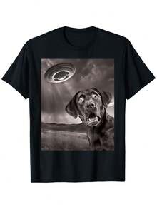 Camiseta Divertida de Labrador Retriever Negro con Diseño de OVNI para Selfies - 100% Algodón, Manga Corta Casual con Estampado 3D de Perro, Lavable a Máquina, Cuello Redondo para Ropa Casual y para Amantes de los Labradores - Negro - Ver 1