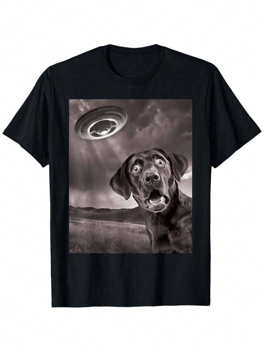 Camiseta Divertida de Labrador Retriever Negro con Diseño de OVNI para Selfies - 100% Algodón, Manga Corta Casual con Estampado 3D de Perro, Lavable a Máquina, Cuello Redondo para Ropa Casual y para Amantes de los Labradores - Negro - Ver 1