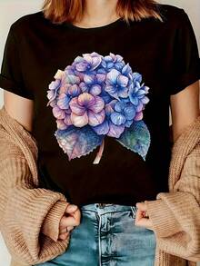 Women's T-Shirt, Casual Short-Sleeved T-Shirt For Women, Printed With Bright Hydrangea Motifs - Black, Round Neck, Lightweight And Stretchy, Summer Style, Summer Top. | Hydrangea Print Top | Women's Stretchy Tops - 黑色 - 查看 1